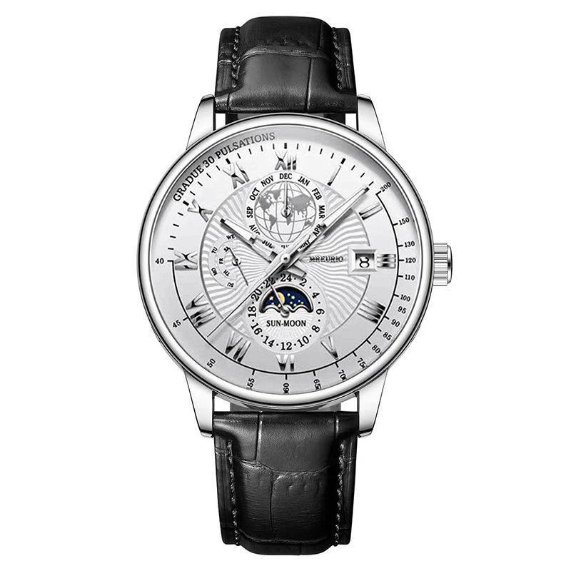 Men's Star & Moon Three-Eyes Calendar Watch – Leather Strap