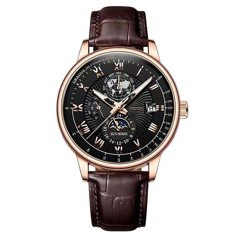 Men's Star & Moon Three-Eyes Calendar Watch – Leather Strap