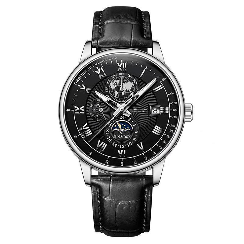 Men's Star & Moon Three-Eyes Calendar Watch – Leather Strap