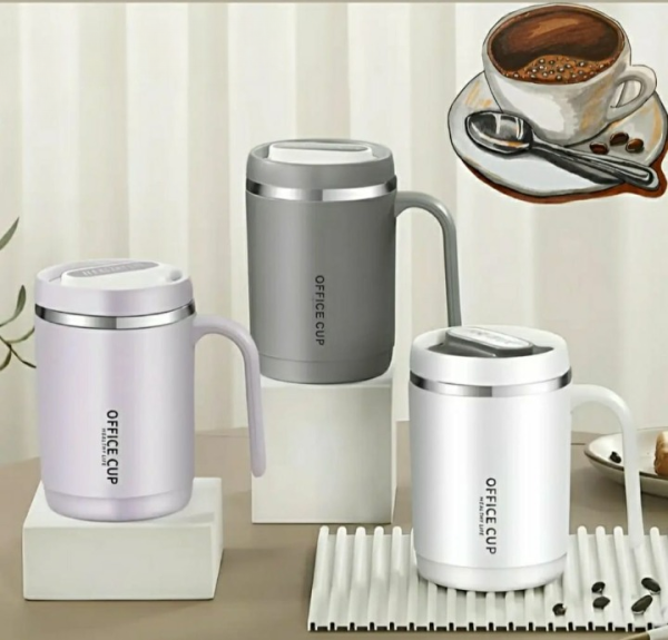 Stainless Steel Insulated Coffee Mug with Handle – 500ml Office Tea Cup with Clear Lid – Hot & Cold Beverage Travel Mug (Random Color)"
